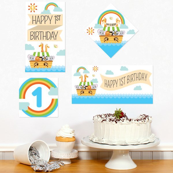 Noah's Ark 1st Birthday Sign Cutouts Wall Decoration, Editable Canva Template by Birthday Direct