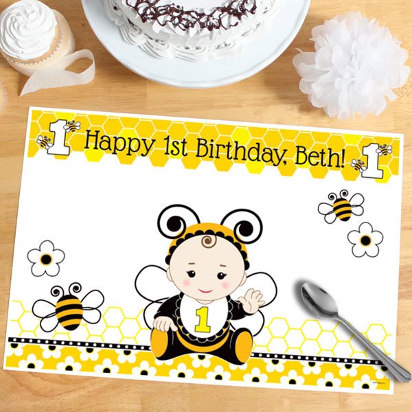 Bumble Bee 1st Birthday Placemat, 8.5x11 Editable PDF Printable by Birthday Direct