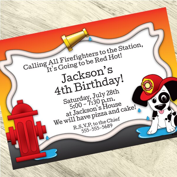 Firefighter Puppy Party Invitation, 5x7-in, Editable PDF Printable by Birthday Direct