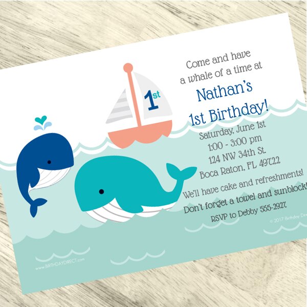 Little Whale Blue 1st Birthday Invitation, 5x7-in, Editable PDF Printable by Birthday Direct