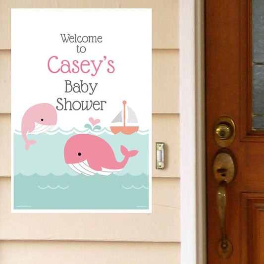 Little Whale Pink Baby Shower Door Greeter, Editable PDF Printable by Birthday Direct