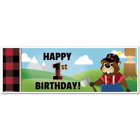 Woodland Lumberjack Beaver 1st Birthday Small Banner, 8.5x11 Printable PDF by Birthday Direct