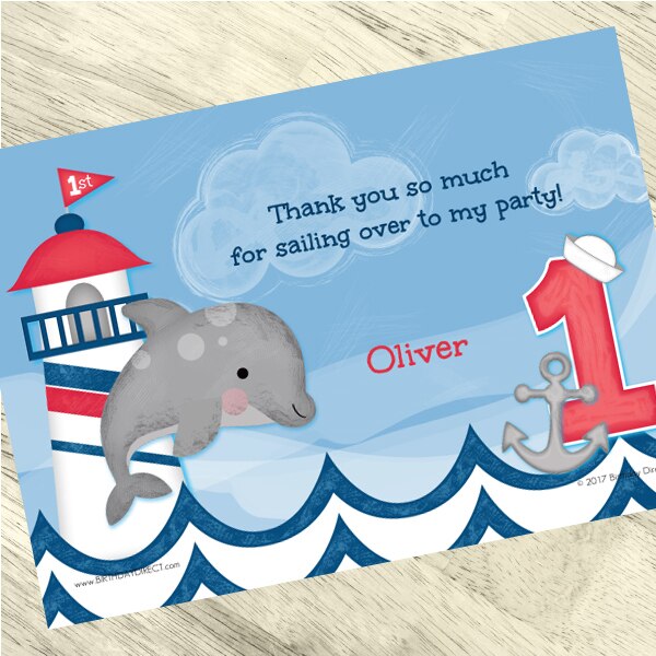 Nautical Dolphin 1st Birthday Thank You, 5x7-in, Editable PDF Printable by Birthday Direct