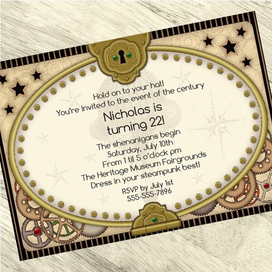 Steampunk Party Invitation, 5x7-in, Editable PDF Printable by Birthday Direct