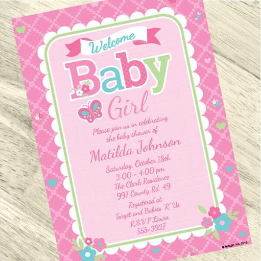 Welcome Girl Baby Shower Invitation, 5x7-in, Editable PDF Printable by Birthday Direct