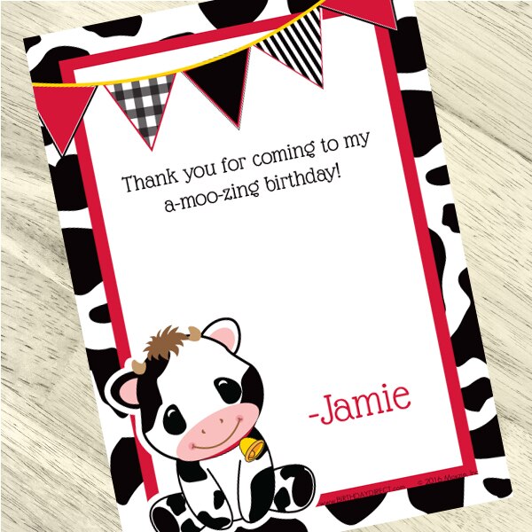 Little Cow Party Thank You, 5x7-in, Editable PDF Printable by Birthday Direct