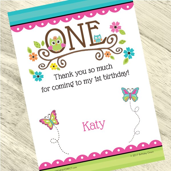 Little Owl 1st Birthday Thank You, 5x7-in, Editable Canva Template by Birthday Direct