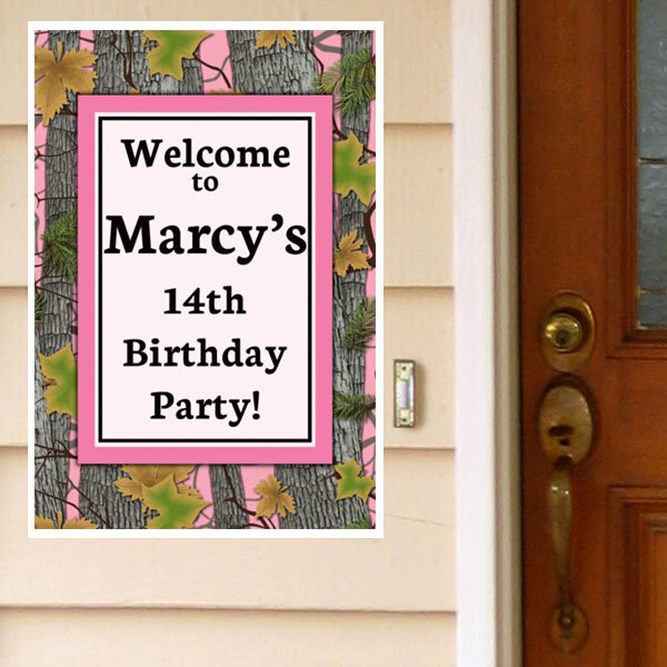 Camouflage Pink Party Door Greeter, Editable PDF Printable by Birthday Direct