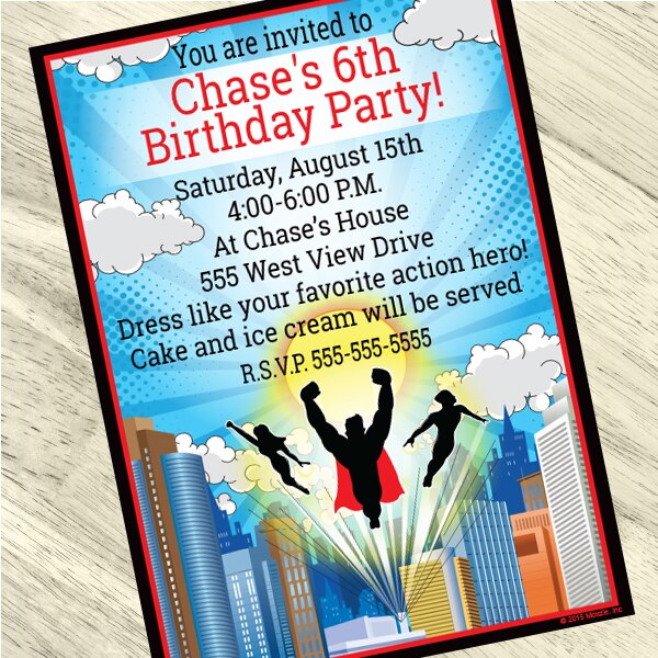 Comic Super Hero Party Invitation, 5x7-in, Editable PDF Printable by Birthday Direct