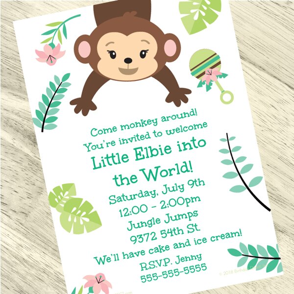 Little Monkey Baby Shower Invitation, 5x7-in, Editable PDF Printable by Birthday Direct