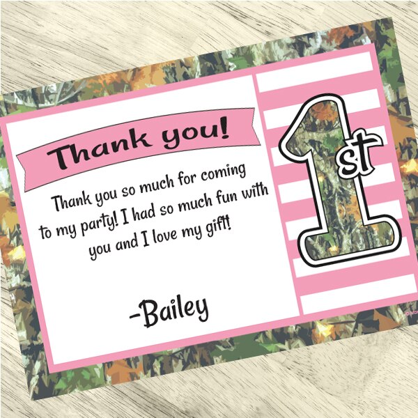 Camouflage Pink 1st Birthday Thank You, 5x7-in, Editable PDF Printable by Birthday Direct