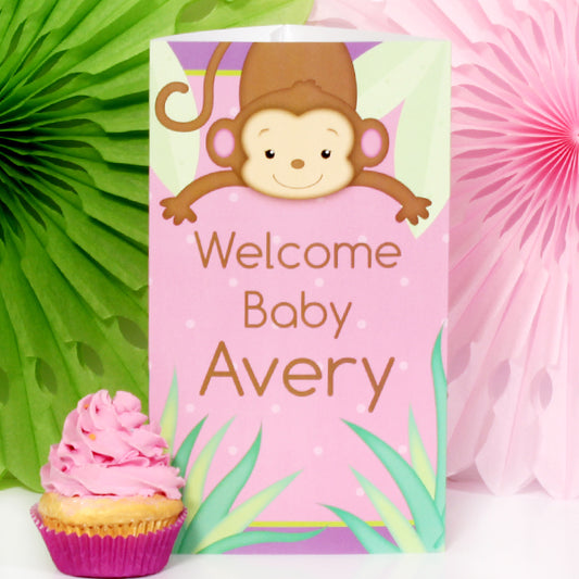 Little Monkey Pink Baby Shower Centerpiece, 10 inch Editable PDF Printable by Birthday Direct