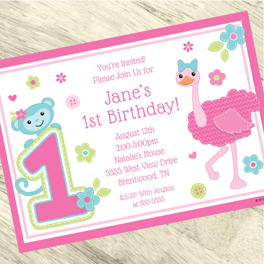 Zoo Pink 1st Birthday Invitation, 5x7-in, Editable PDF Printable by Birthday Direct