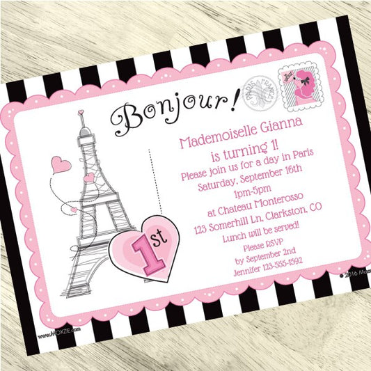 Paris Ooh La La 1st Birthday Invitation, 5x7-in, Editable PDF Printable by Birthday Direct