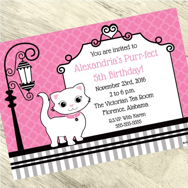 Paris French Kitten Party Invitation, 5x7-in, Editable PDF Printable by Birthday Direct