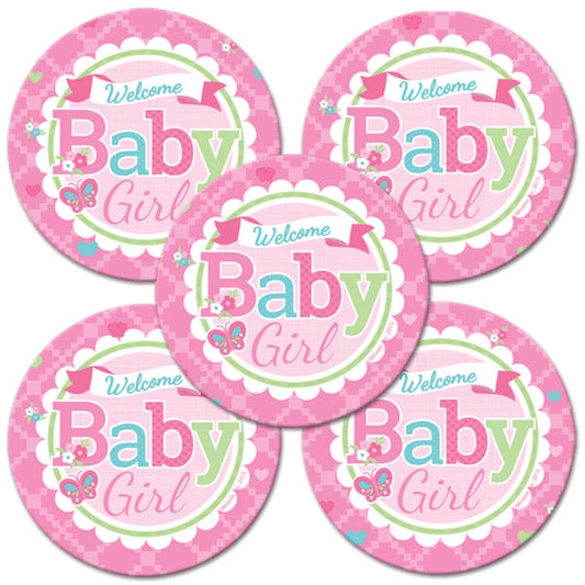 Welcome Girl Baby Shower 2-in Circle, 8.5x11 Printable PDF by Birthday Direct