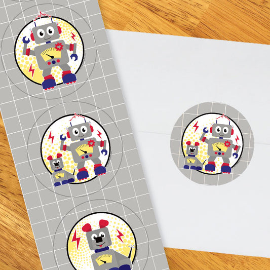 Little Robot Party 2-in Circle, 8.5x11 Printable PDF by Birthday Direct