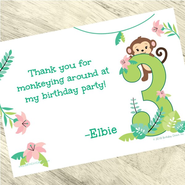 Little Monkey 3rd Birthday Thank You, 5x7-in, Editable PDF Printable by Birthday Direct