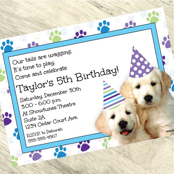 Golden Puppy Party Invitation, 5x7-in, Editable PDF Printable by Birthday Direct