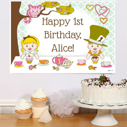 Alice in One-derland 1st Birthday Sign, Editable Canva Template by Birthday Direct