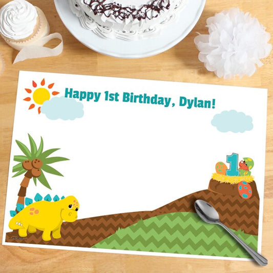 Little Dinosaur 1st Birthday Placemat, Editable Canva Template by Birthday Direct