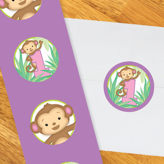 Little Monkey Pink 1st Birthday 2-in Circle, 8.5x11 Printable PDF by Birthday Direct