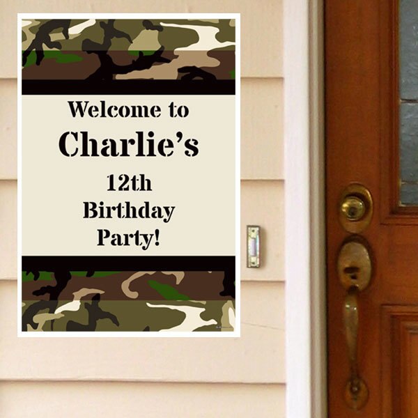 Camouflage Warrior Party Door Greeter, Editable PDF Printable by Birthday Direct