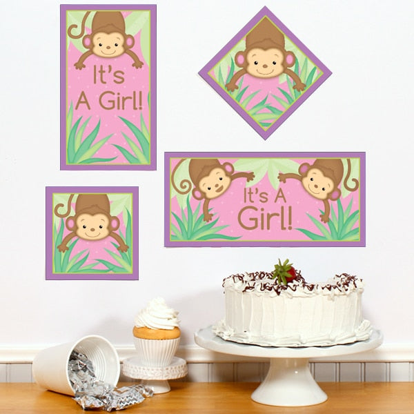 Little Monkey Pink Baby Shower Sign Cutouts Wall Decoration, 8.5x11 Printable PDF by Birthday Direct