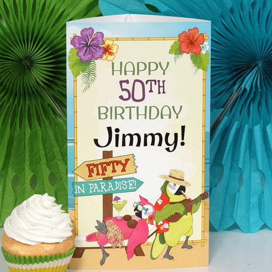 Parrot in Paradise 50th Birthday Centerpiece, 10 inch Editable PDF Printable by Birthday Direct