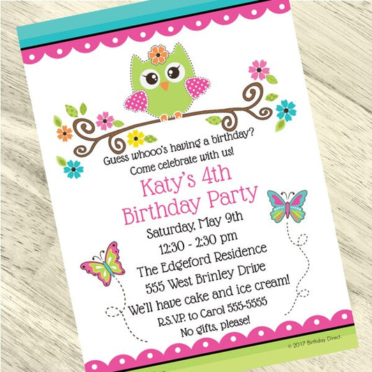 Little Owl Party Invitation, 5x7-in, Editable PDF Printable by Birthday Direct