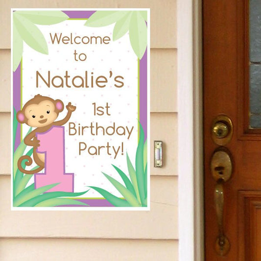 Little Monkey Pink 1st Birthday Door Greeter, Editable PDF Printable by Birthday Direct