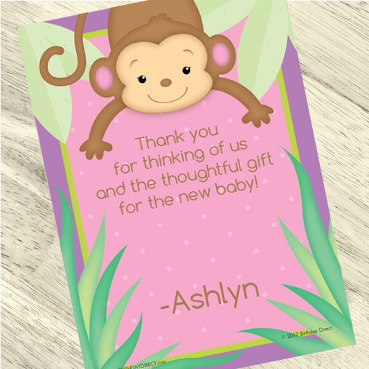 Little Monkey Pink Baby Shower Thank You, 5x7-in, Editable PDF Printable by Birthday Direct