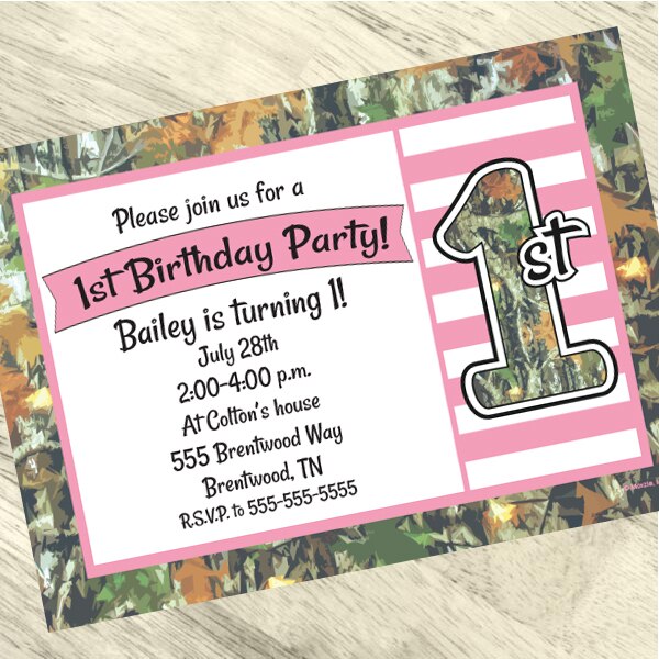 Camouflage Pink 1st Birthday Invitation, 5x7-in, Editable PDF Printable by Birthday Direct