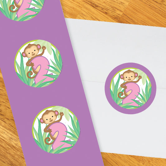 Little Monkey Pink 2nd Birthday 2-in Circle, 8.5x11 Printable PDF by Birthday Direct