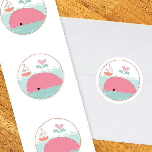 Little Whale Pink Baby Shower 2-in Circle, 8.5x11 Printable PDF by Birthday Direct