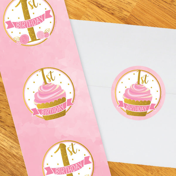 Pink and Gold 1st Birthday 2-in Circle, 8.5x11 Printable PDF by Birthday Direct