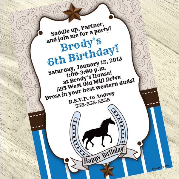 Horse Meadow Blue Party Invitation, 5x7-in, Editable PDF Printable by Birthday Direct