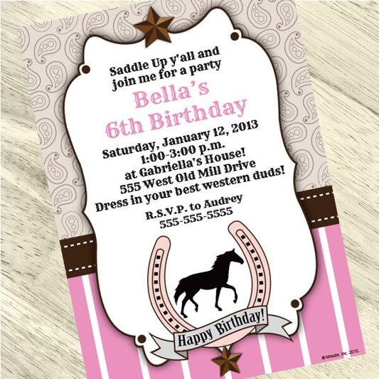 Horse Meadow Pink Party Invitation, 5x7-in, Editable PDF Printable by Birthday Direct