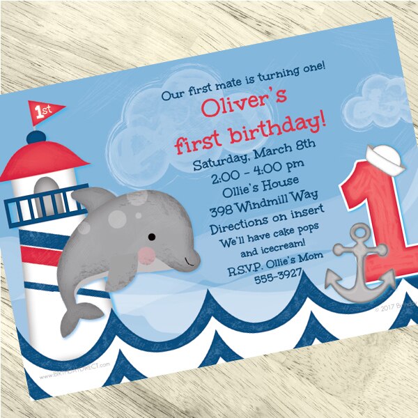 Nautical Dolphin 1st Birthday Invitation, 5x7-in, Editable PDF Printable by Birthday Direct