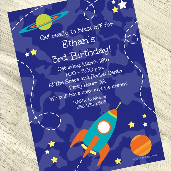 Space Rocket Party Invitation, 5x7-in, Editable PDF Printable by Birthday Direct