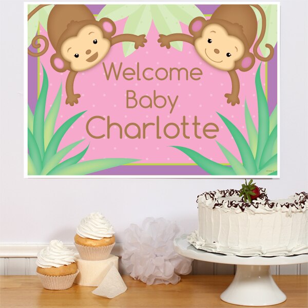 Little Monkey Pink Baby Shower Sign, Editable Canva Template by Birthday Direct