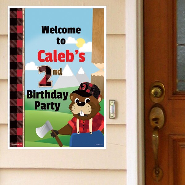 Woodland Lumberjack Beaver 2nd Birthday Door Greeter, Editable PDF Printable by Birthday Direct