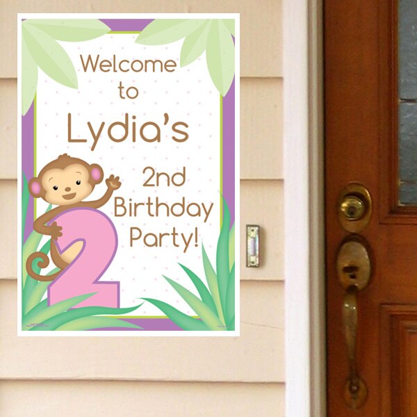 Little Monkey Pink 2nd Birthday Welcome Sign, Editable Canva Template by Birthday Direct