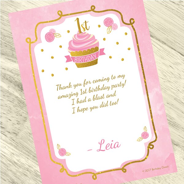 Pink and Gold 1st Birthday Thank You, 5x7-in, Editable Canva Template by Birthday Direct