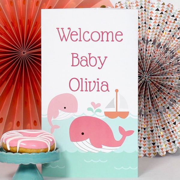 Little Whale Pink Baby Shower Centerpiece, 10 inch Editable PDF Printable by Birthday Direct