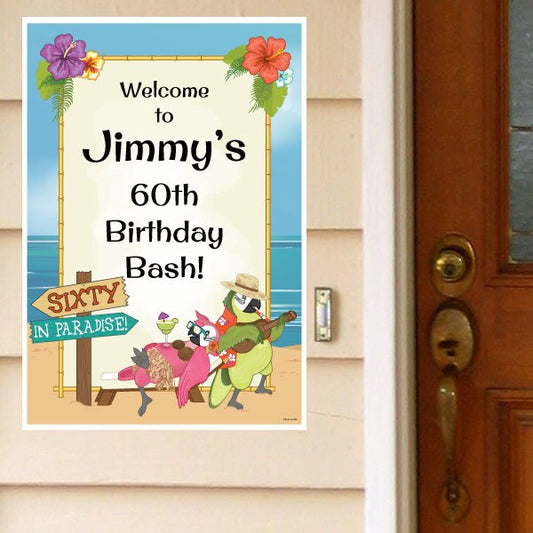 Parrot in Paradise 60th Birthday Door Greeter, Editable PDF Printable by Birthday Direct