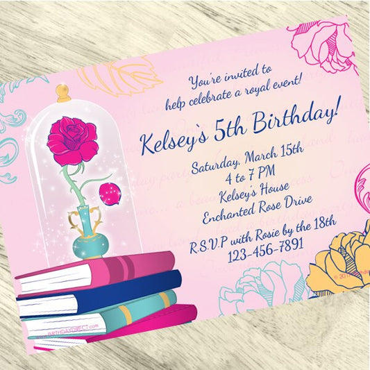 Beauty and the Beast Rose Party Invitation, 5x7-in, Editable PDF Printable by Birthday Direct