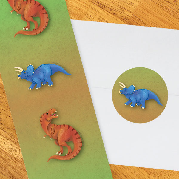 Dinosaur Prehistoric Party 2-in Circle, Editable Canva Template by Birthday Direct