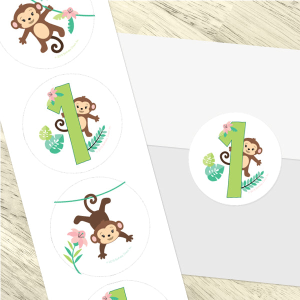 Little Monkey 1st Birthday 2-in Circle, Editable Canva Template by Birthday Direct