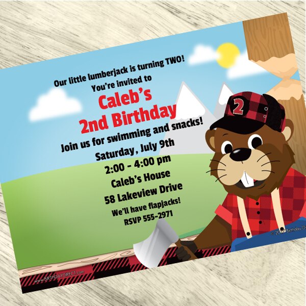 Woodland Lumberjack Beaver 2nd Birthday Invitation, 5x7-in, Editable PDF Printable by Birthday Direct